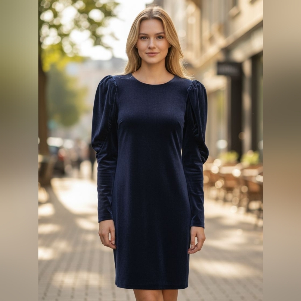 Express sz XS Elegant midnight Navy Blue velvet blousan sleeves Dress new